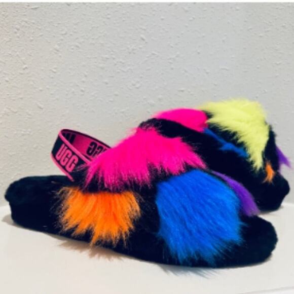 UGG Fluff Yeah Party Spots Slide‎ Sheepskin Slipper Sandals Women's Cozy 8 9 10 - Picture 4 of 16